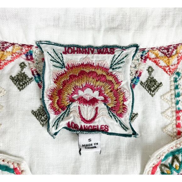 Johnny Was Verena Linen Easy Yoke Embroidered Floral White Tunic Top Size Small - Picture 8 of 9